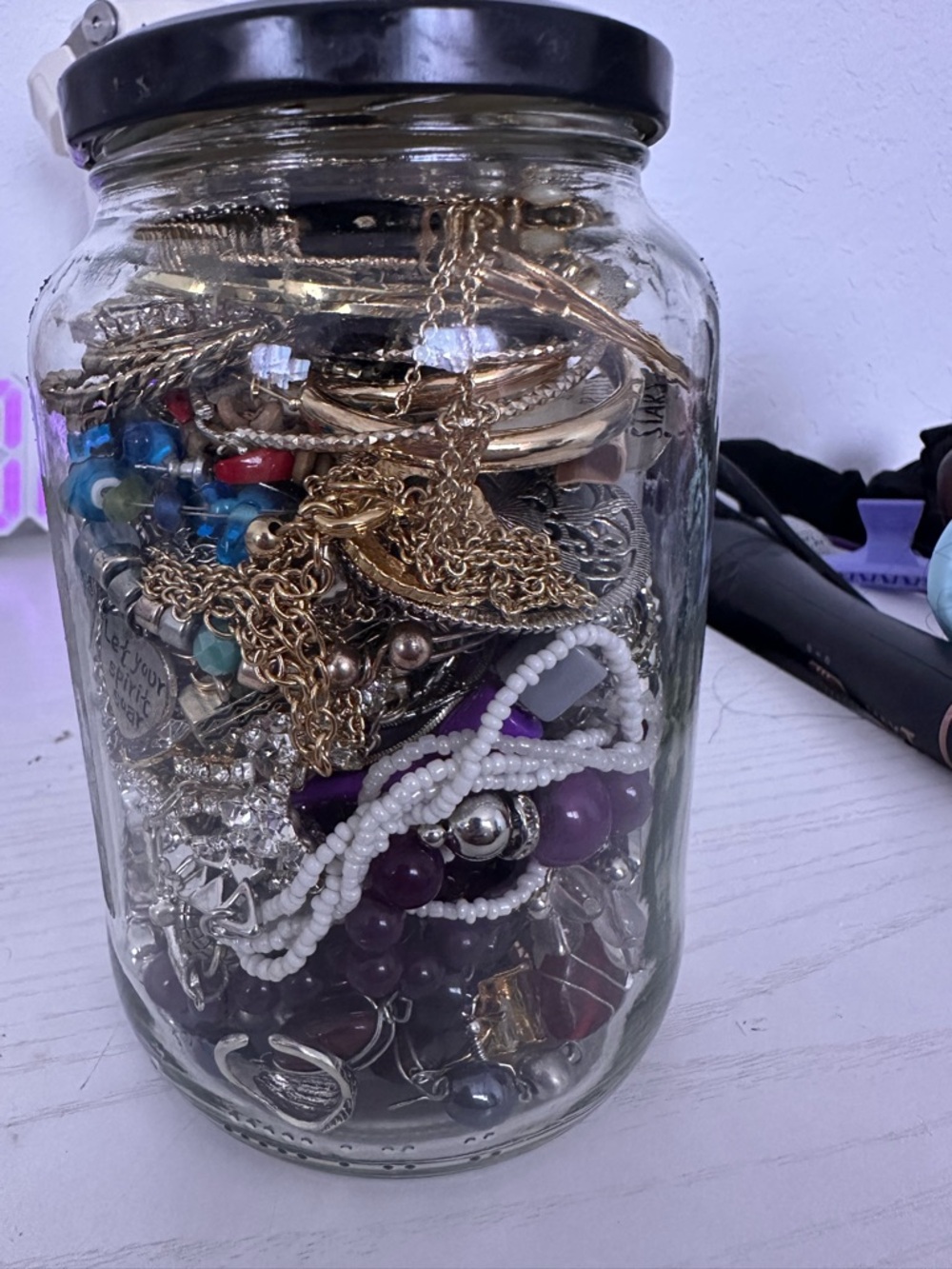 Mixed Jewelry Jar - Gold, Purple, White Beads